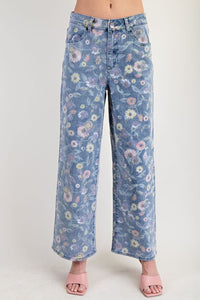 Floral Printed Washed Denim Jeans