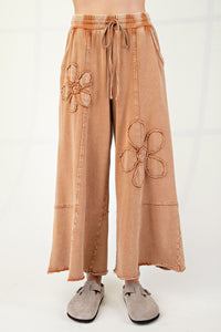 Almond Orange Flower Patch Terry Knit Mineral Wash Wide Leg Pants