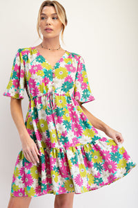 Pink and Green Floral Short Sleeve Tiered Dress