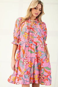 Calypso Pink Floral Ruched Short Sleeve V-Neck Dress