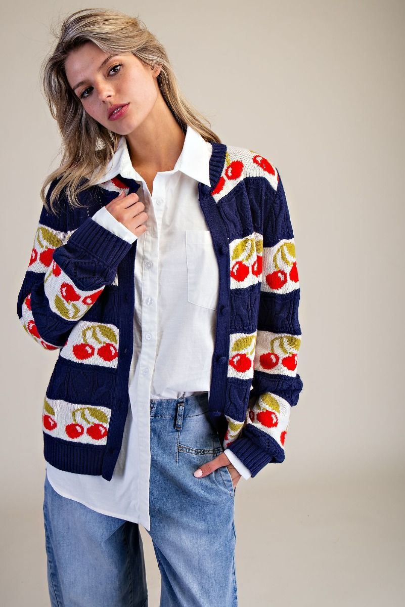 Navy Cherry Print Button Down Cardigan Sweater – Twist Boutique