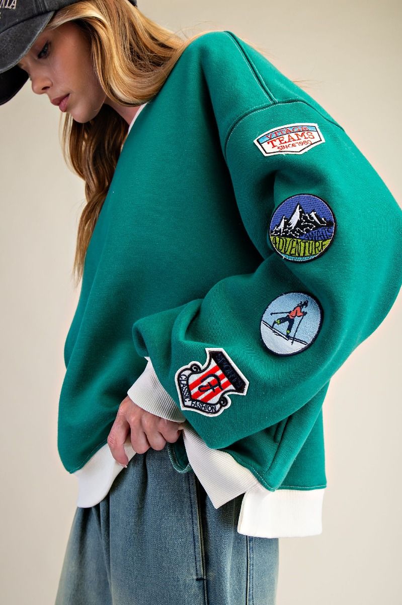 Emerald Green Boxy Terry Washed Pullover Sweatshirt with