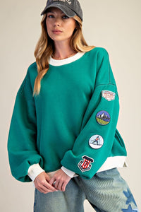Emerald Green Boxy Terry Washed Pullover Sweatshirt with Sleeve Patches