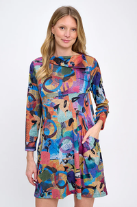 Fun Pattern Hacci Tunic Dress with Collar and Pocket