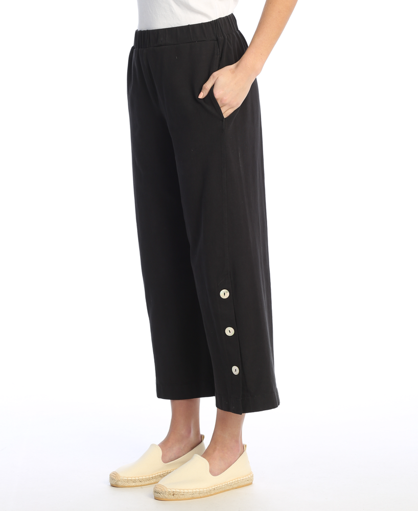 Jet Black Cotton Jersey Pants with Buttons