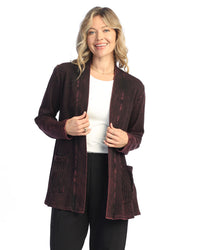 Wine Mineral Washed 100% Cotton Fleece Open Cardigan With Contrast Patch Pockets