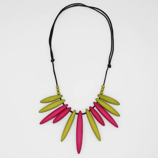 Fuchsia and Lime Wood Paradise Statement Necklace