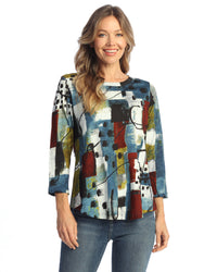 Sapphire and Burgundy Pattern Cotton Modal 3/4 Sleeve Top