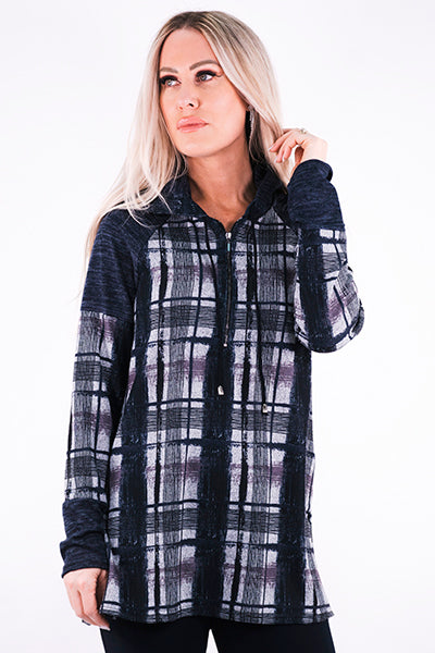 Load image into Gallery viewer, Navy Plaid Long Sleeve Zip Up Sweater Top
