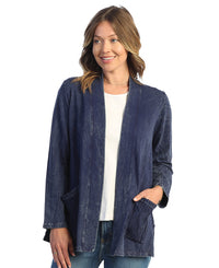 Denim Mineral Washed 100% Cotton Fleece Open Cardigan With Contrast Patch Pockets