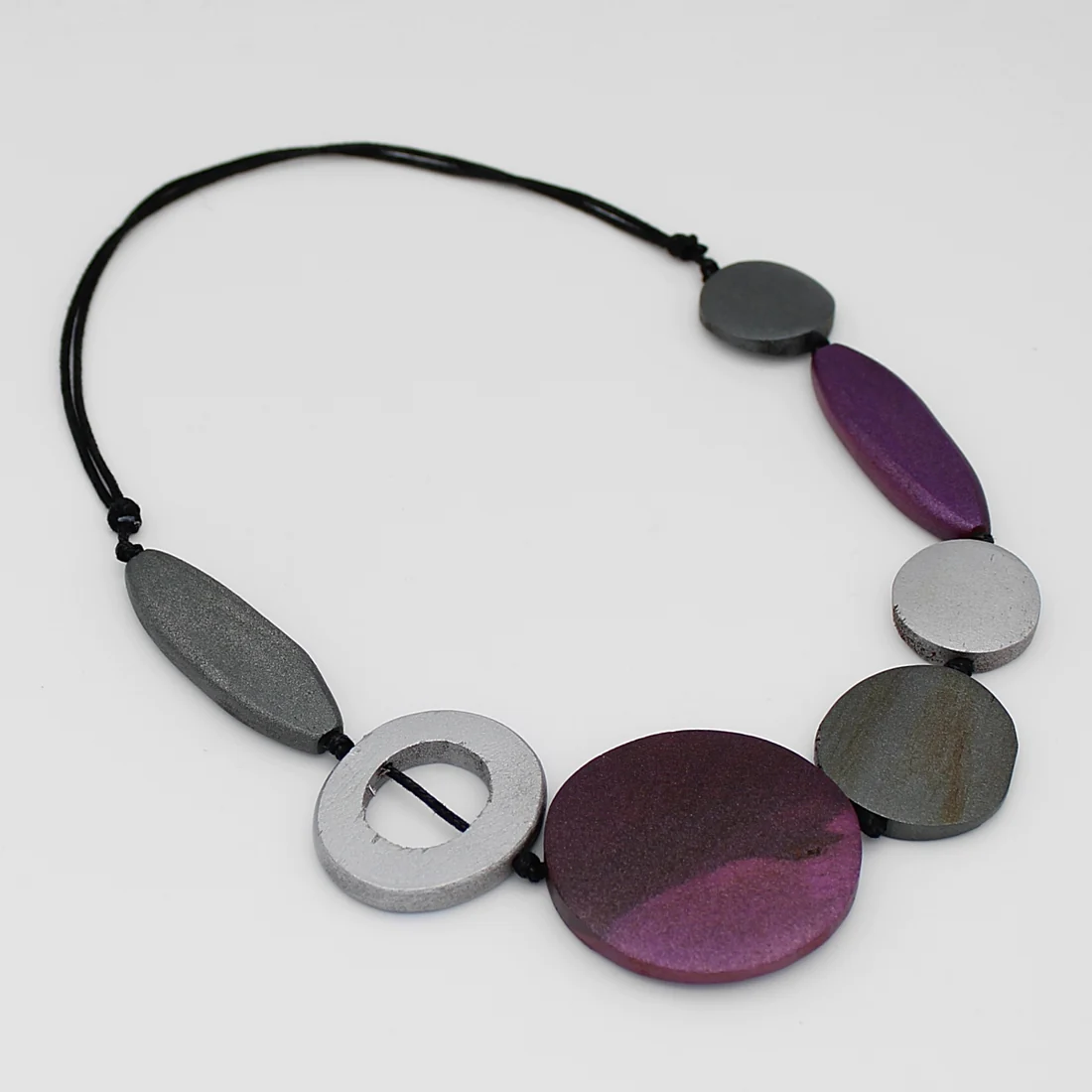 Burgundy and Silver Wooden Necklace