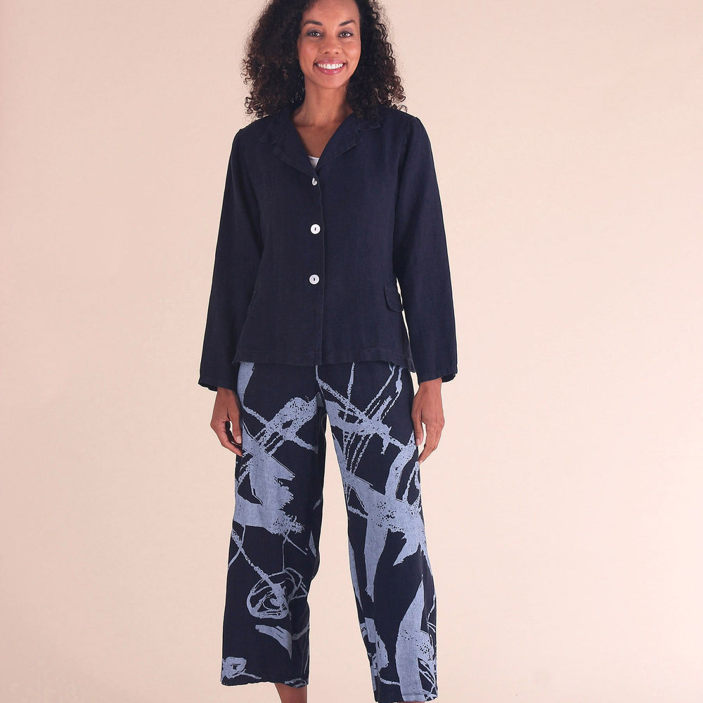 
                  
                    Ink Pattern Linen Flat Front Crop Pant with Adjustable Waist
                  
                