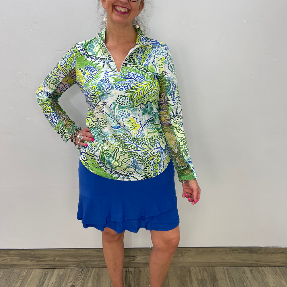 Lime Green Pattern Long Sleeve Top with Zippered Collar