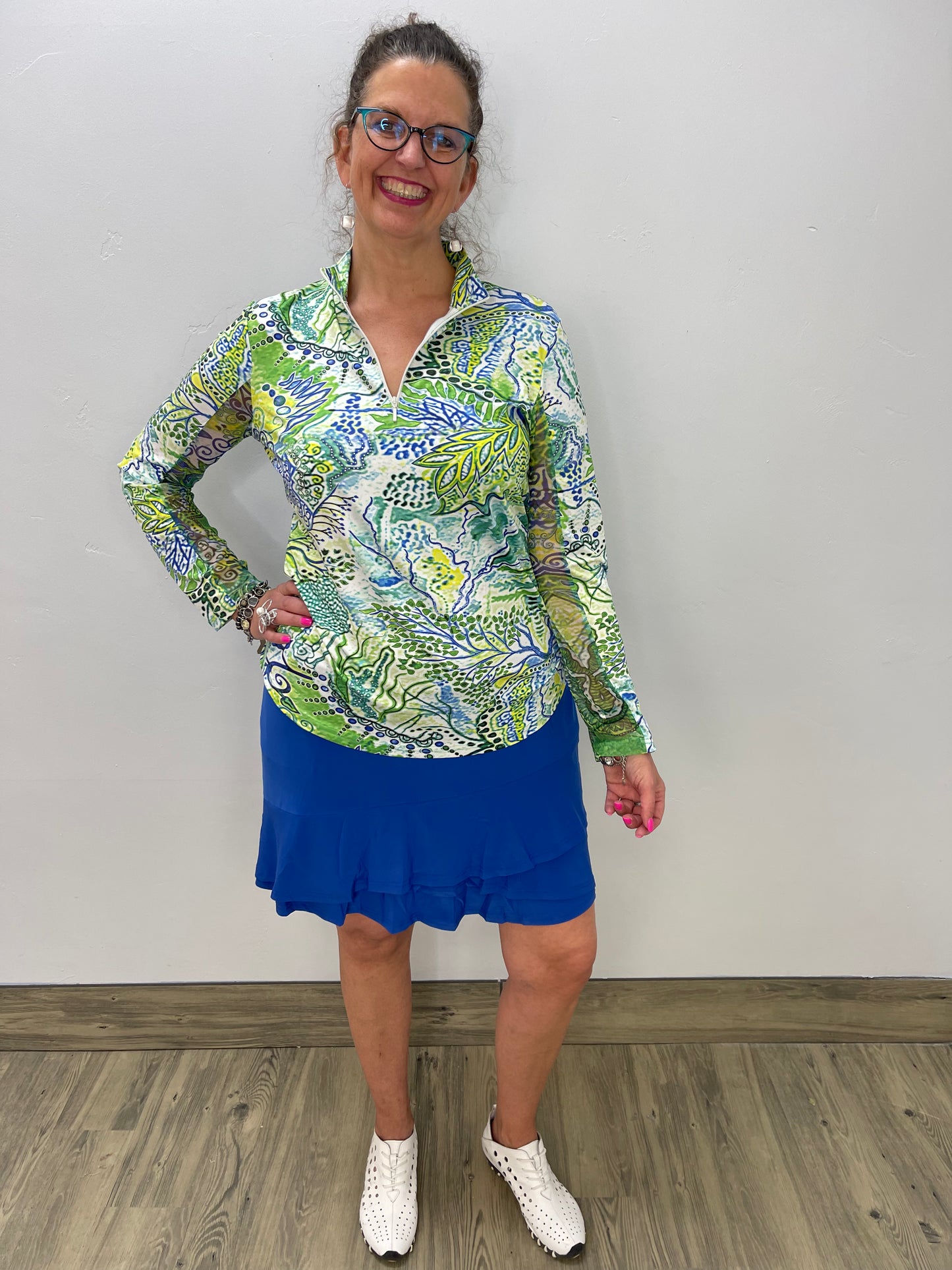 Lime Green Pattern Long Sleeve Top with Zippered Collar