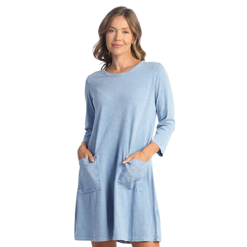 Cornflower Jersey Slub Long Sleeve Dress with Linen Pockets