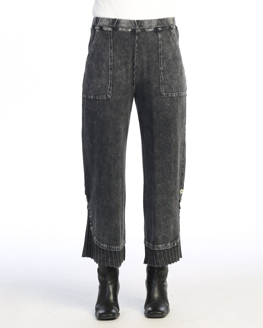 Black Mineral Washed Wide Leg Pant with Rib Contrast