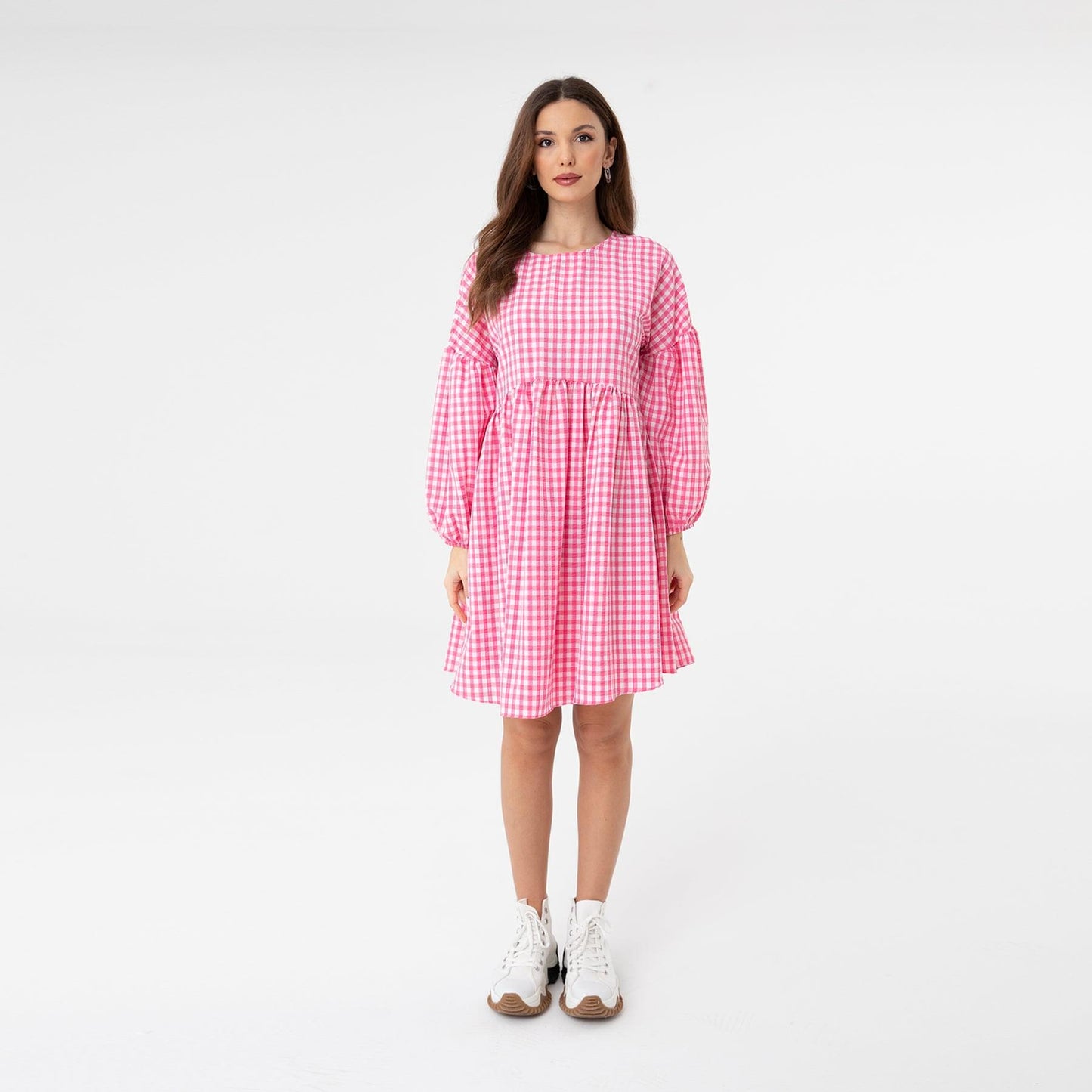 Pink Checkered Poplin Sleeve Dress