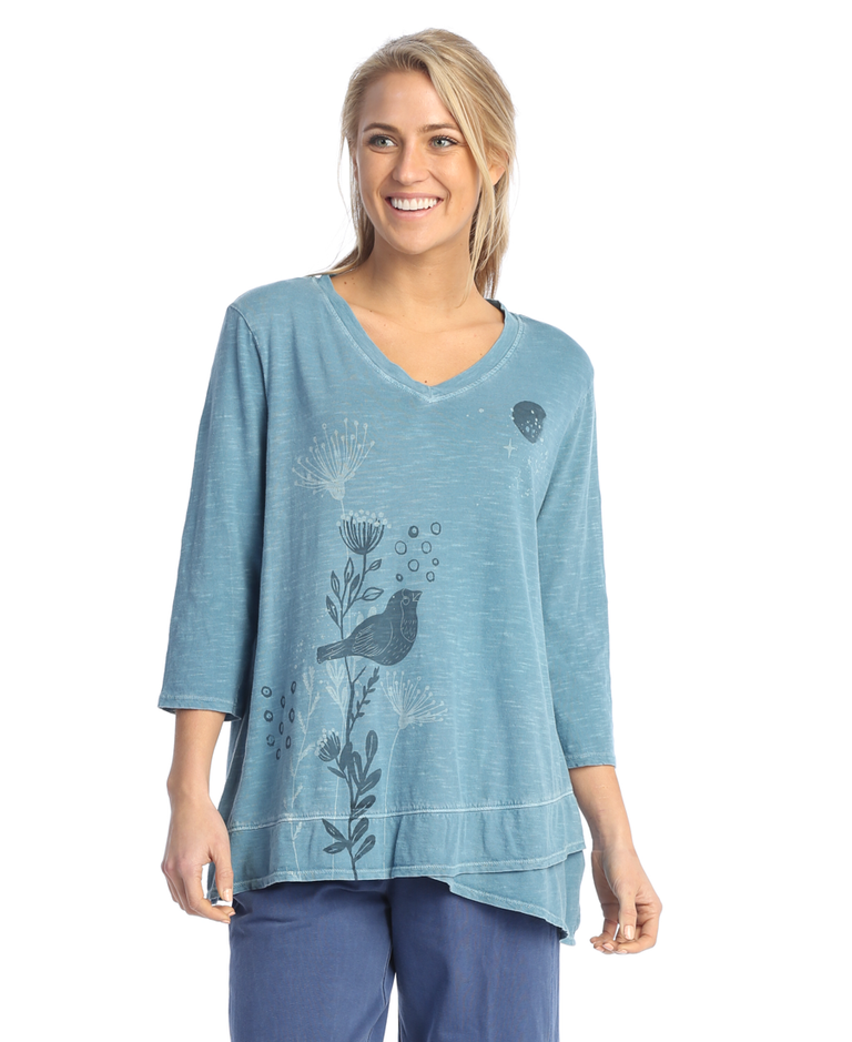 Starlight Blue Finch Garment Dyed Cotton Slub V-Neck Tulip Hem Top