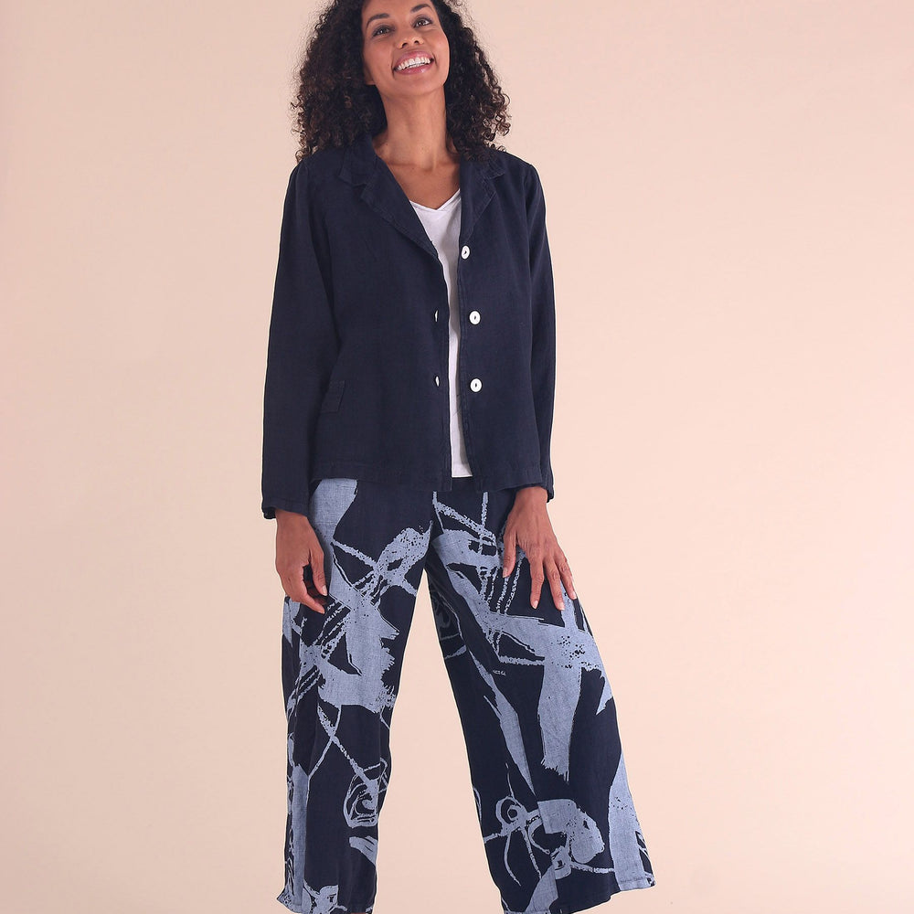 Ink Pattern Linen Flat Front Crop Pant with Adjustable Waist