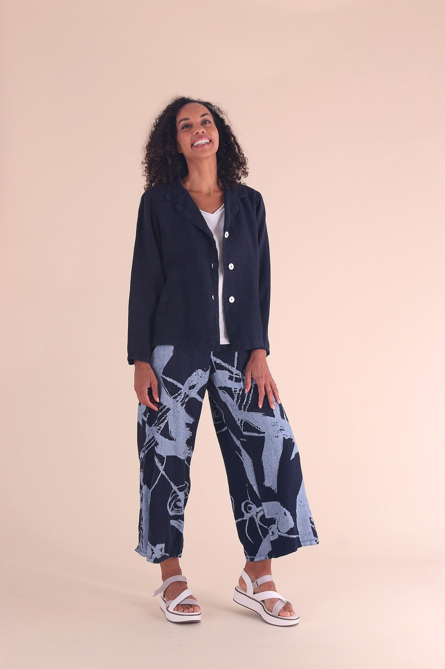 Ink Pattern Linen Flat Front Crop Pant with Adjustable Waist