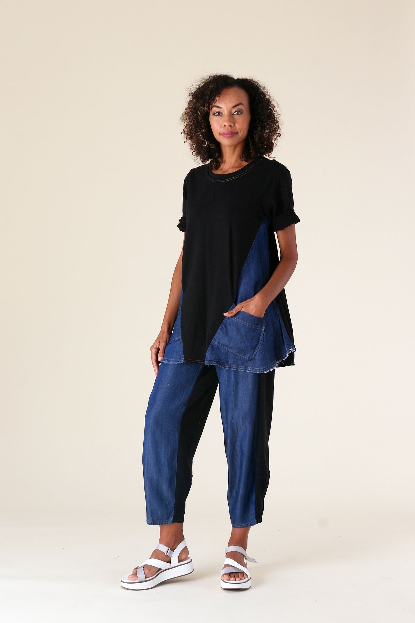 Load image into Gallery viewer, Black with Denim Accents Short Sleeve Top with Pockets
