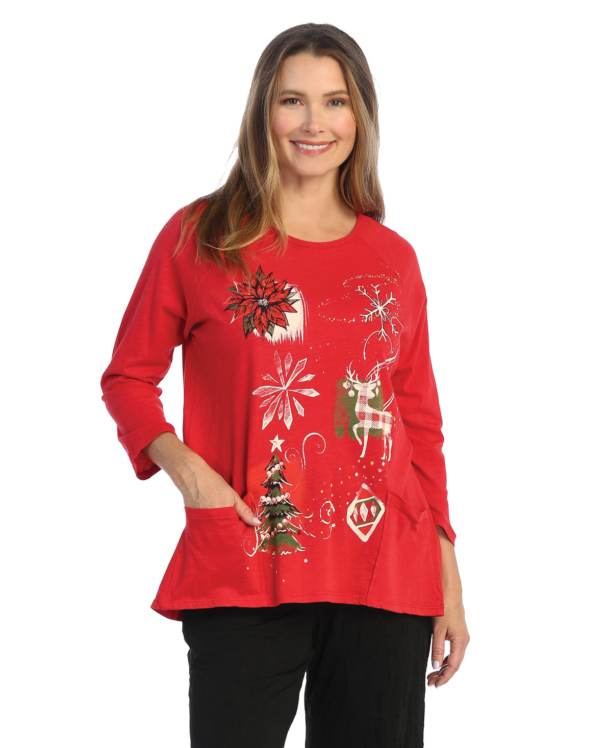 Jet Red Treasures Holiday 100% Cotton Two Pocket Tunic