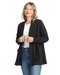 Jet Black 100% Cotton Fleece Open Cardigan With Contrast Patch Pockets