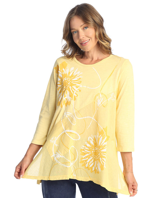 Sun Yellow Washed 100% Cotton Slub Patch Pocket Mineral Tunic With Asymmetric Linen Contrast