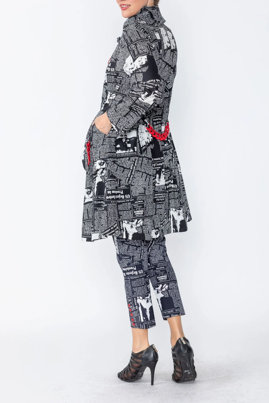 Newspaper Print Jacket with Red Accents