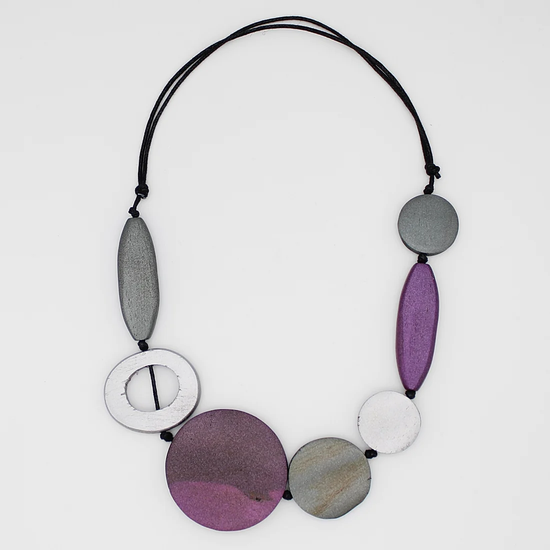Burgundy and Silver Wooden Necklace