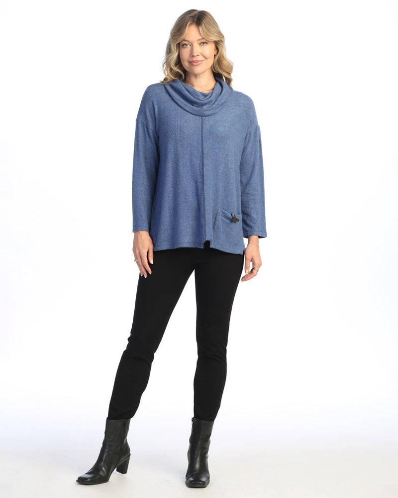 Cobalt Soft-Brushed Knit Tunic with Cowl Neck and Patch Pocket