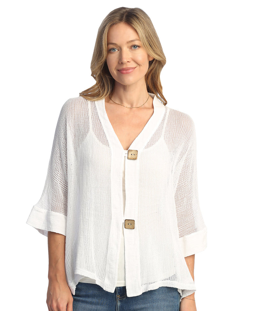 White Flounce Hem Mesh Cardigan With 2-Button Closure