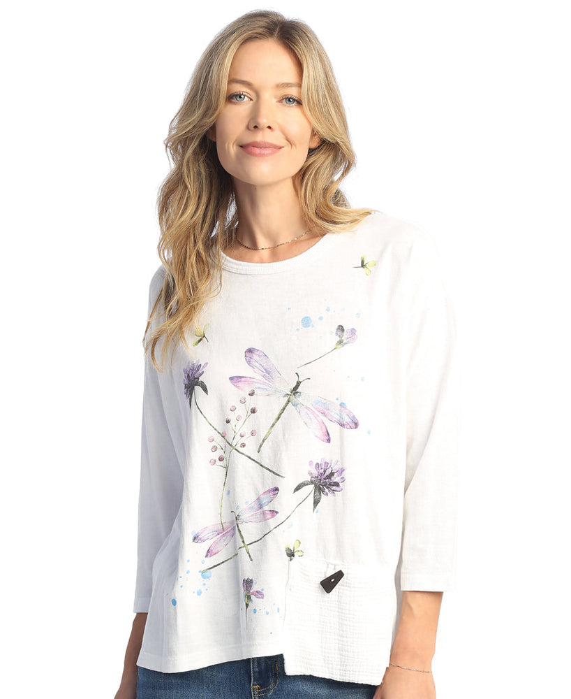 White Petunia Washed ¾ Sleeve Top with Double Gauze Pocket