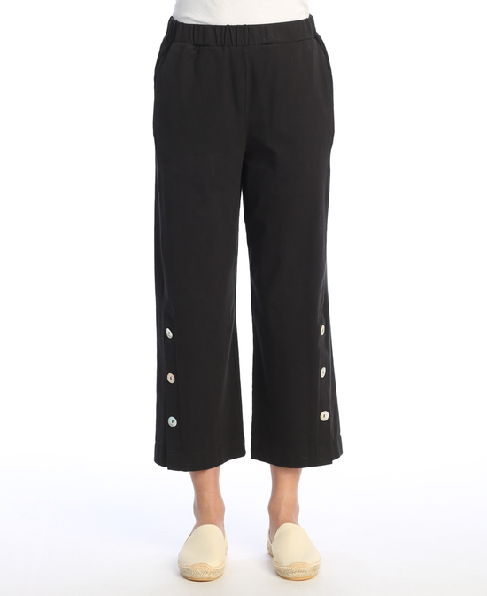 Jet Black Cotton Jersey Pants with Buttons