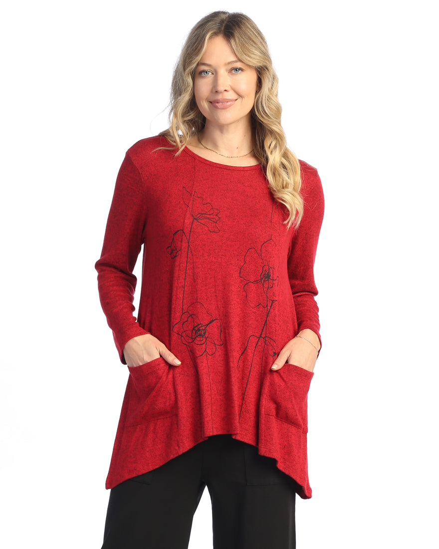 Red Sketch Soft Brushed Knit Tunic with Pockets