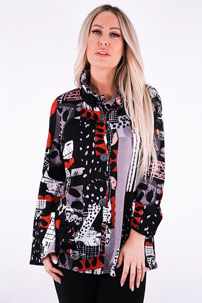 Load image into Gallery viewer, Black and Red Printed Sweater Knit Button Up Jacket
