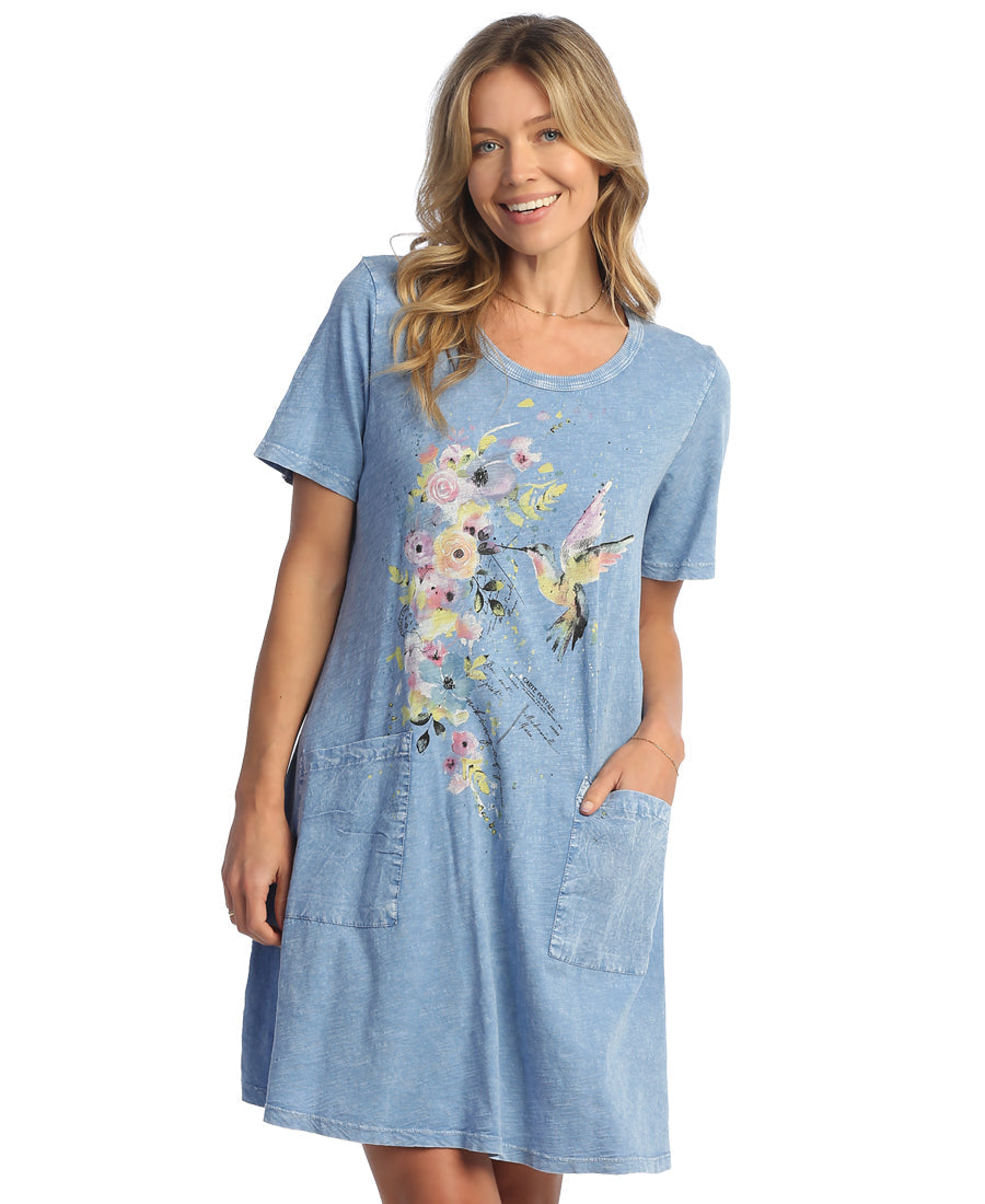 Cornflower Nantucket Mineral Washed 100% Cotton Slub Dress with Linen Pockets