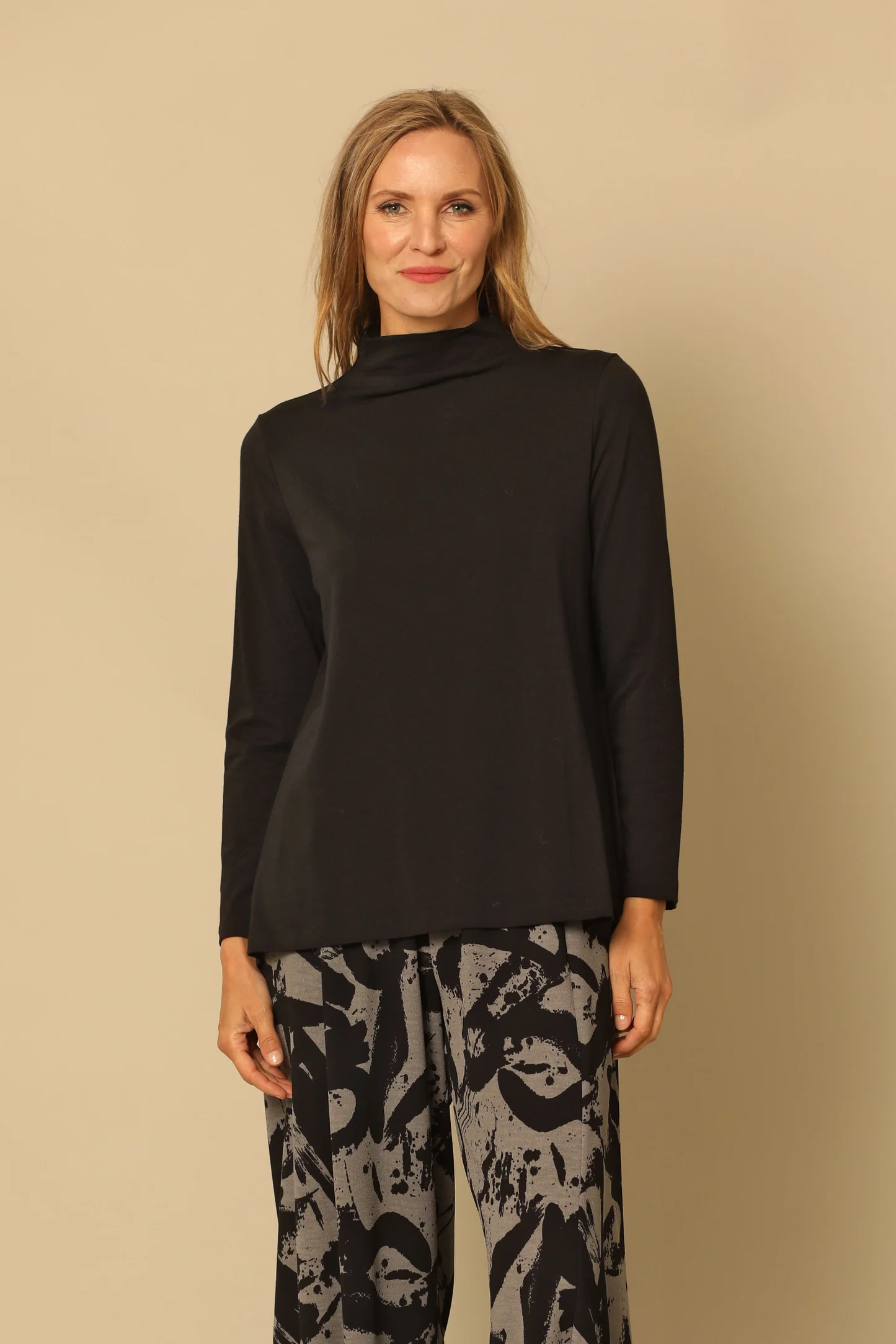 Black Modal Long Sleeve Mock Neck Top