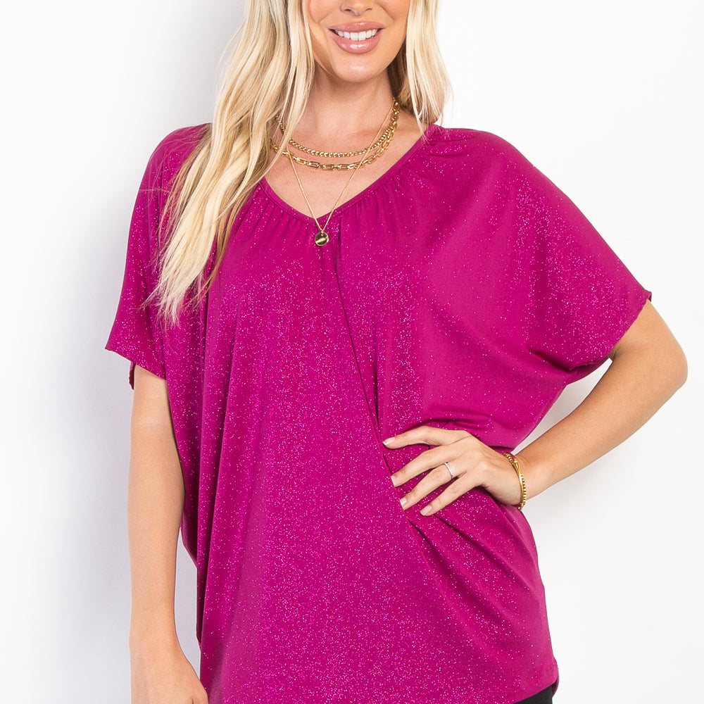 Magenta Short Sleeve Glitter Oversized Top