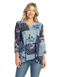 Blue Floral Crepe Mesh 3/4 Sleeve Tunic