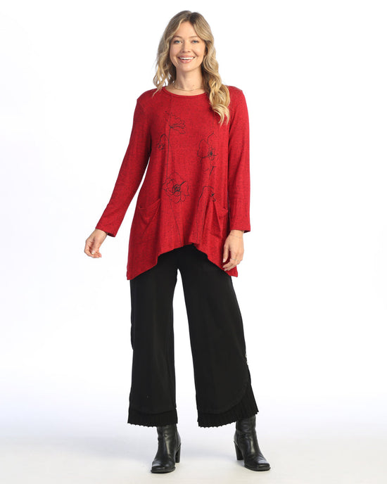 Red Sketch Soft Brushed Knit Tunic with Pockets