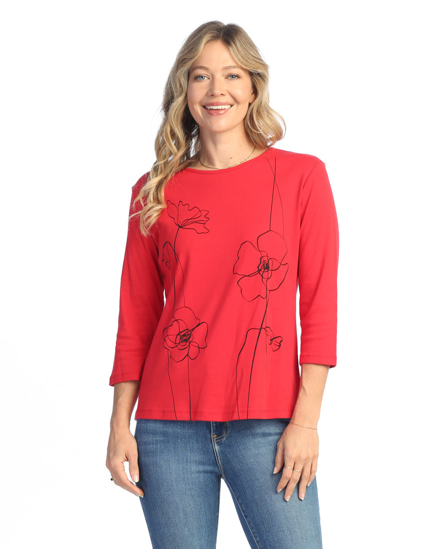 Red Sketch Floral Print Cotton Baby Rib Top