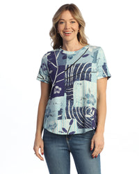 Blue Pattern Round Neck Short Sleeve Top