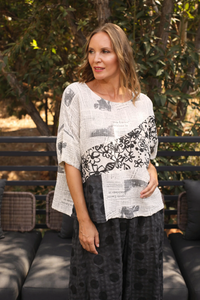 Newspaper and Polka Dot Prink Short Sleeve Top