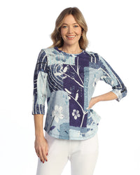 Blue Pattern Cotton Modal 3/4 Sleeve Top