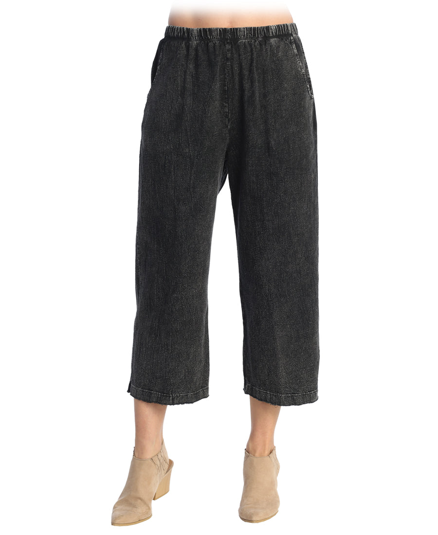 Black Mineral Washed Cotton Gauze Crop Pant With Pockets