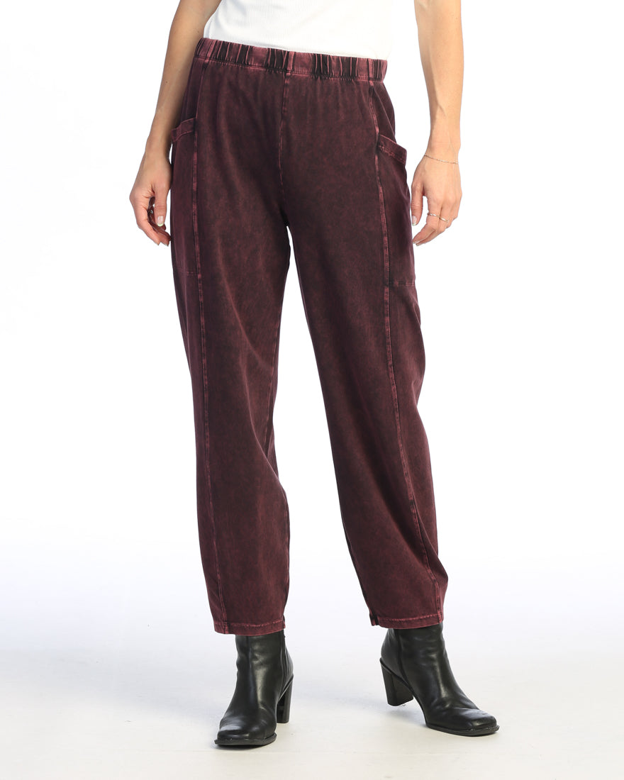 Wine Mineral Washed Cotton Lantern Pants With Side Patch Pocket