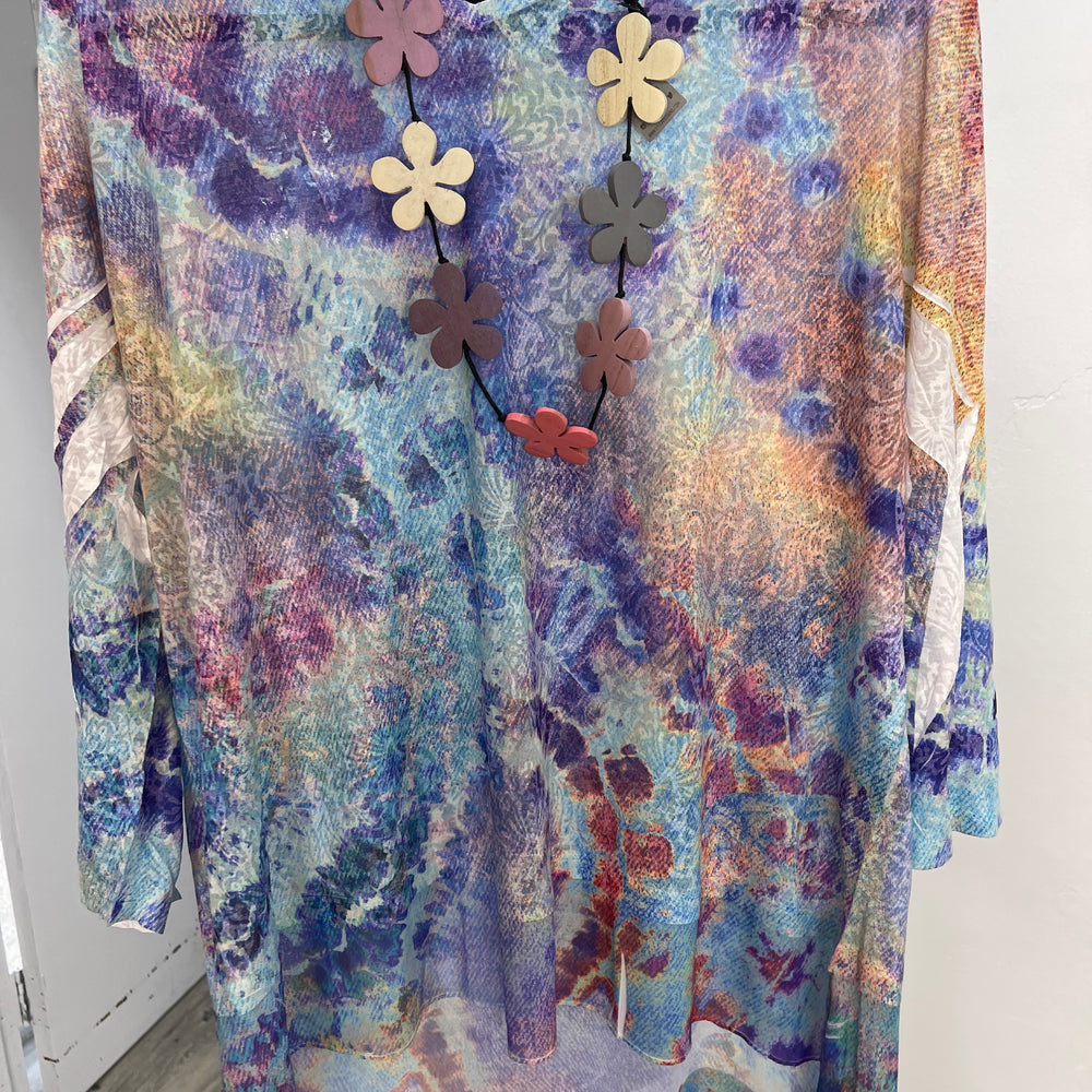 Purple Floral 3/4 Sleeve Burnout Tunic with Mesh layers