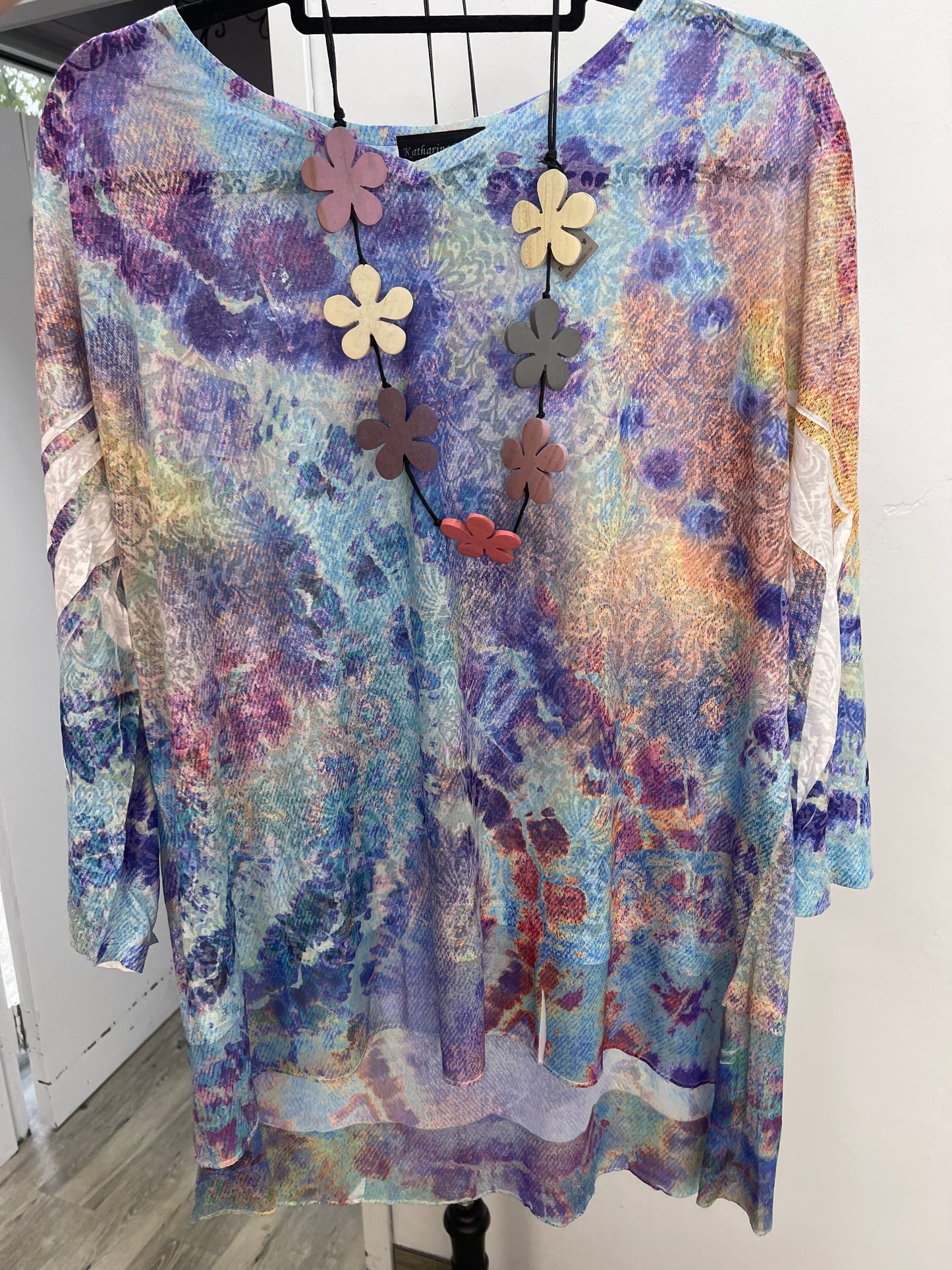 Purple Floral 3/4 Sleeve Burnout Tunic with Mesh layers