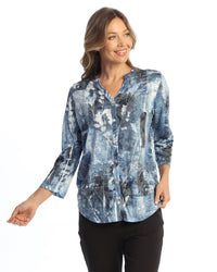 Blue Button Down Shirt with Mandarin Collar